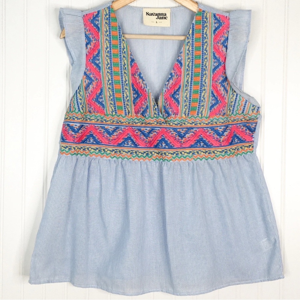Savanna Jane Pinstripe Flutter Sleeve Southwest Embroidered Morgan Top Sz Large